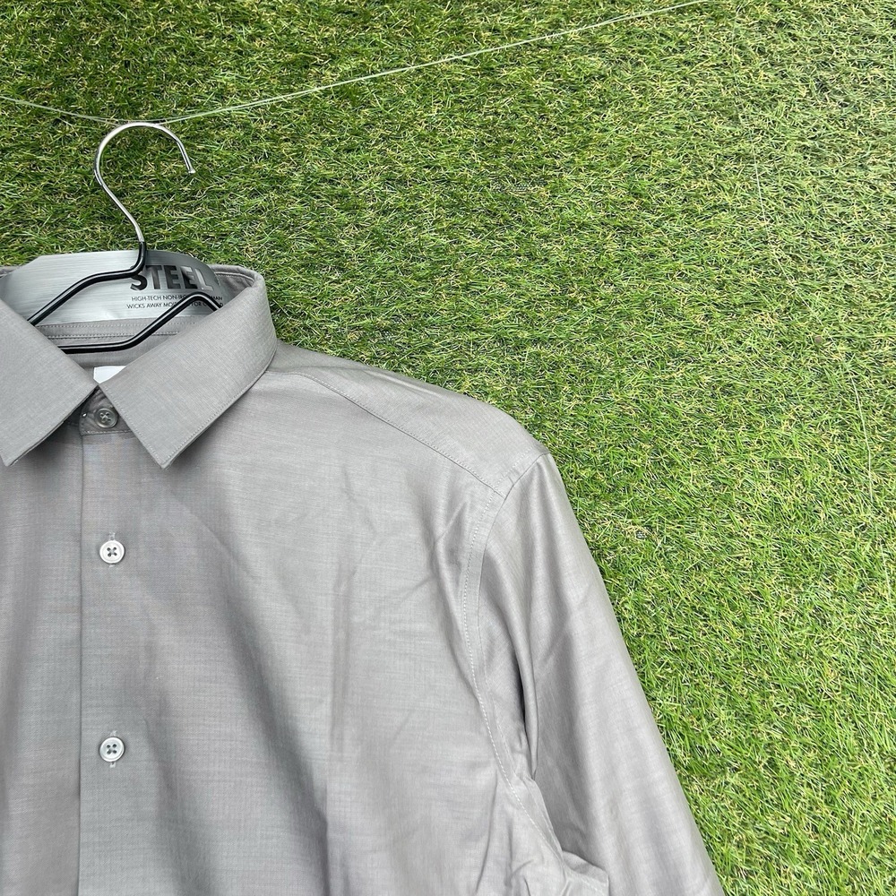 Calvin Klein Steel+ Dress Shirt Mens 15.5 32/33 Slim Fit Gray Taupe Button NWT